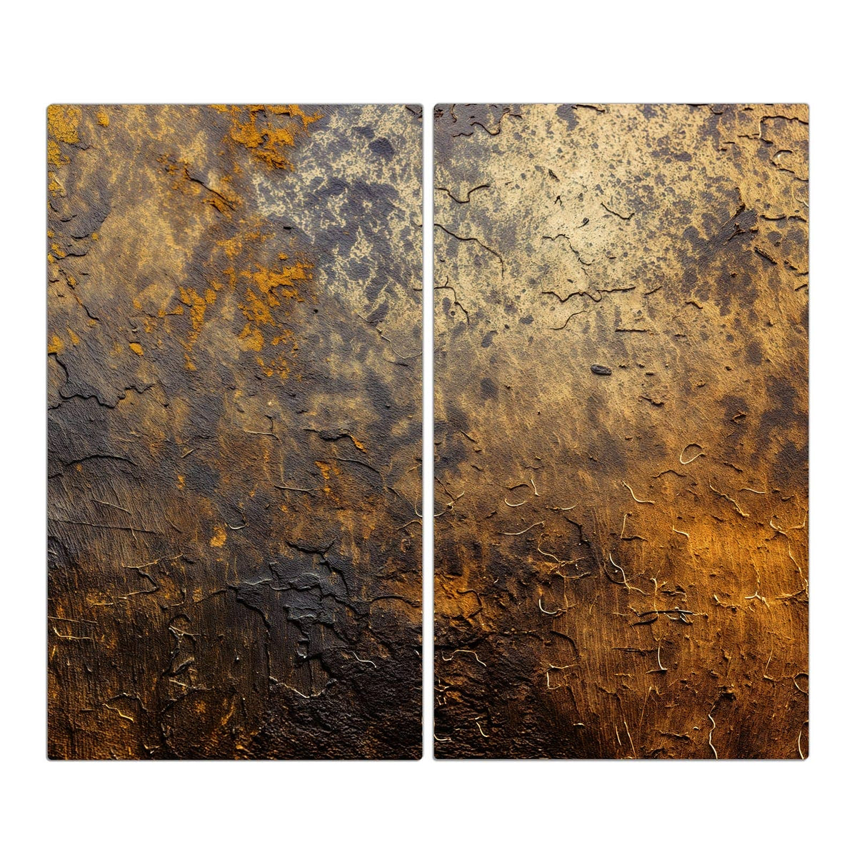 Goldbraun verrostete Metallfläche mit feinen Rissen und dunklen Zonen