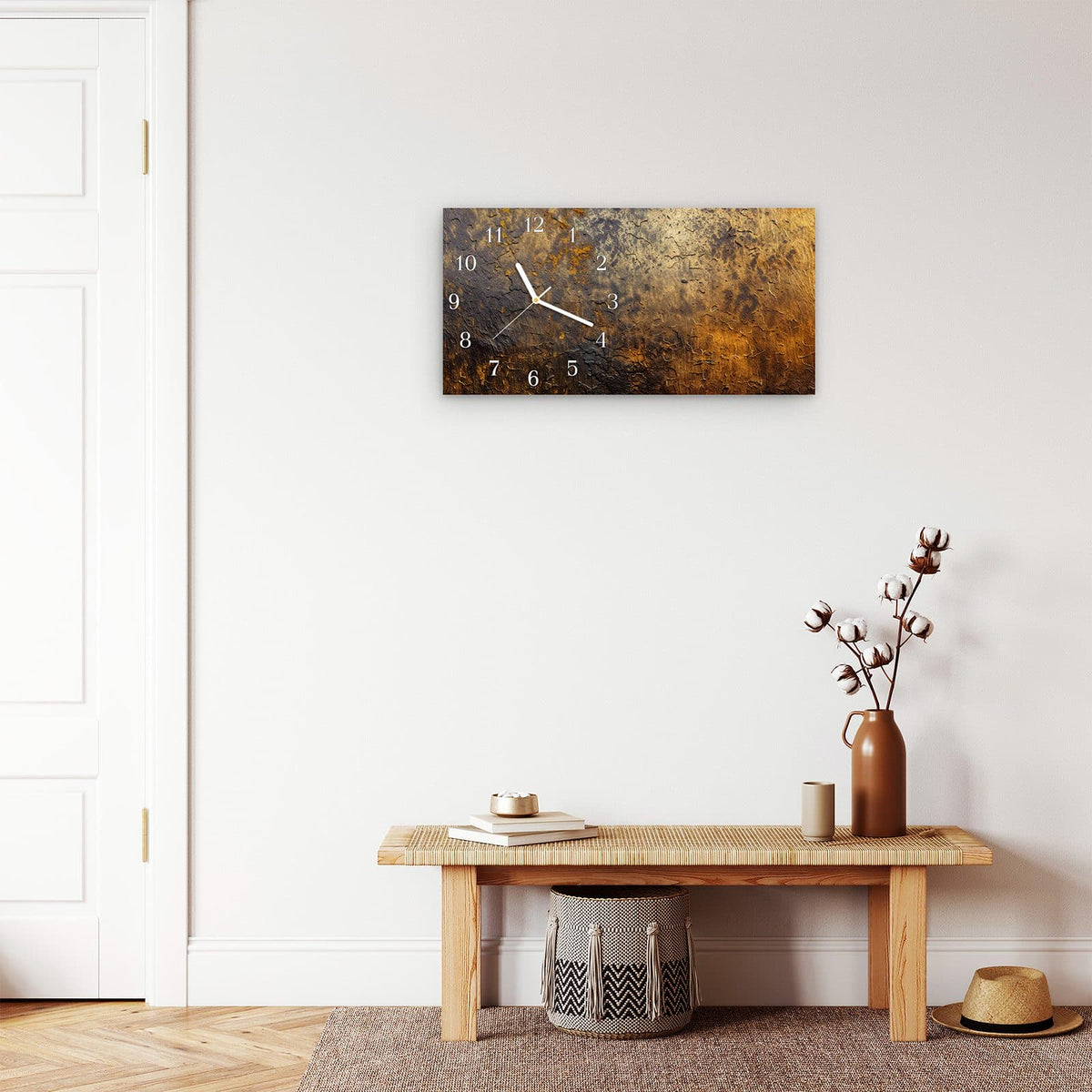 Moderne Wanduhr aus Glas mit Farbtiefe – Wanduhr Golden Texture aus Glas – Querformat 60 × 30 cm