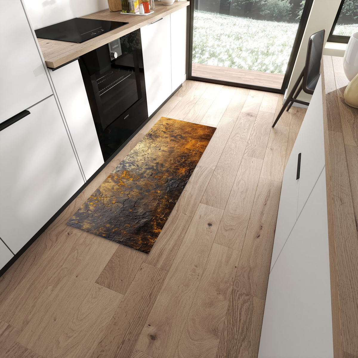 Fleckenresistenter moderner Küchenläufer mit Motiv Golden Texture in moderner Küche #grösse_60 x 150 cm