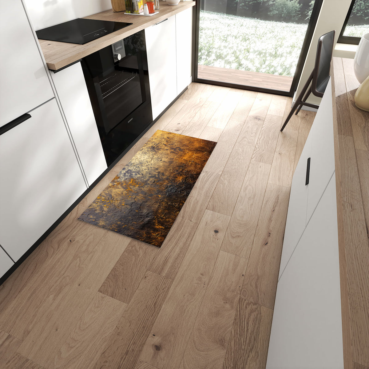 Wasserabweisender Küchenläufer mit Motiv Golden Texture in moderner Küche #grösse_60 x 120 cm