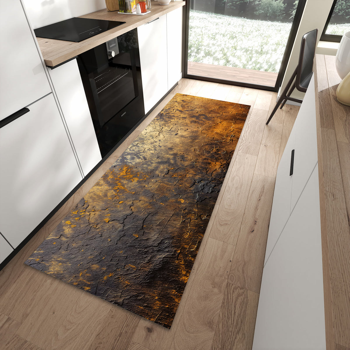 Strapazierfähiger Läufer für die Küche mit Motiv Golden Texture in moderner Küche