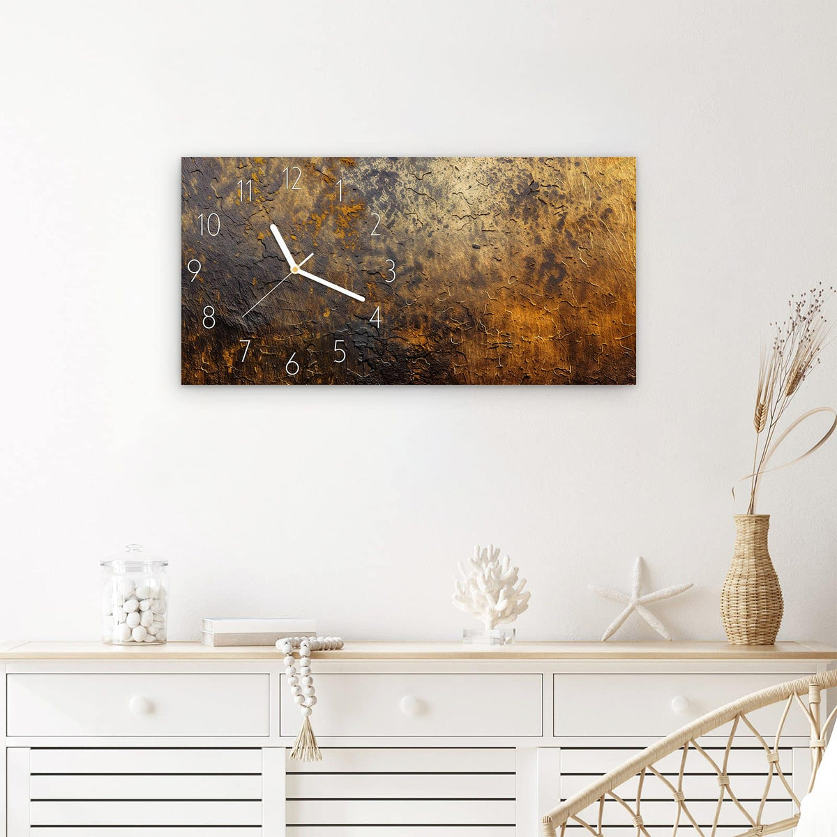 Wanduhr Golden Texture aus Glas – Querformat 60 × 30 cm – Oxidierte Struktur in Rostrot