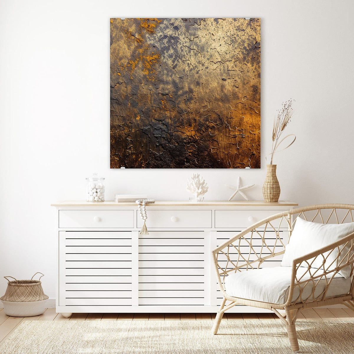 Echtglas, 4 mm – kein Acryl, keine Folie – Wandbild - Goldbrauner Rost - Quadratisch