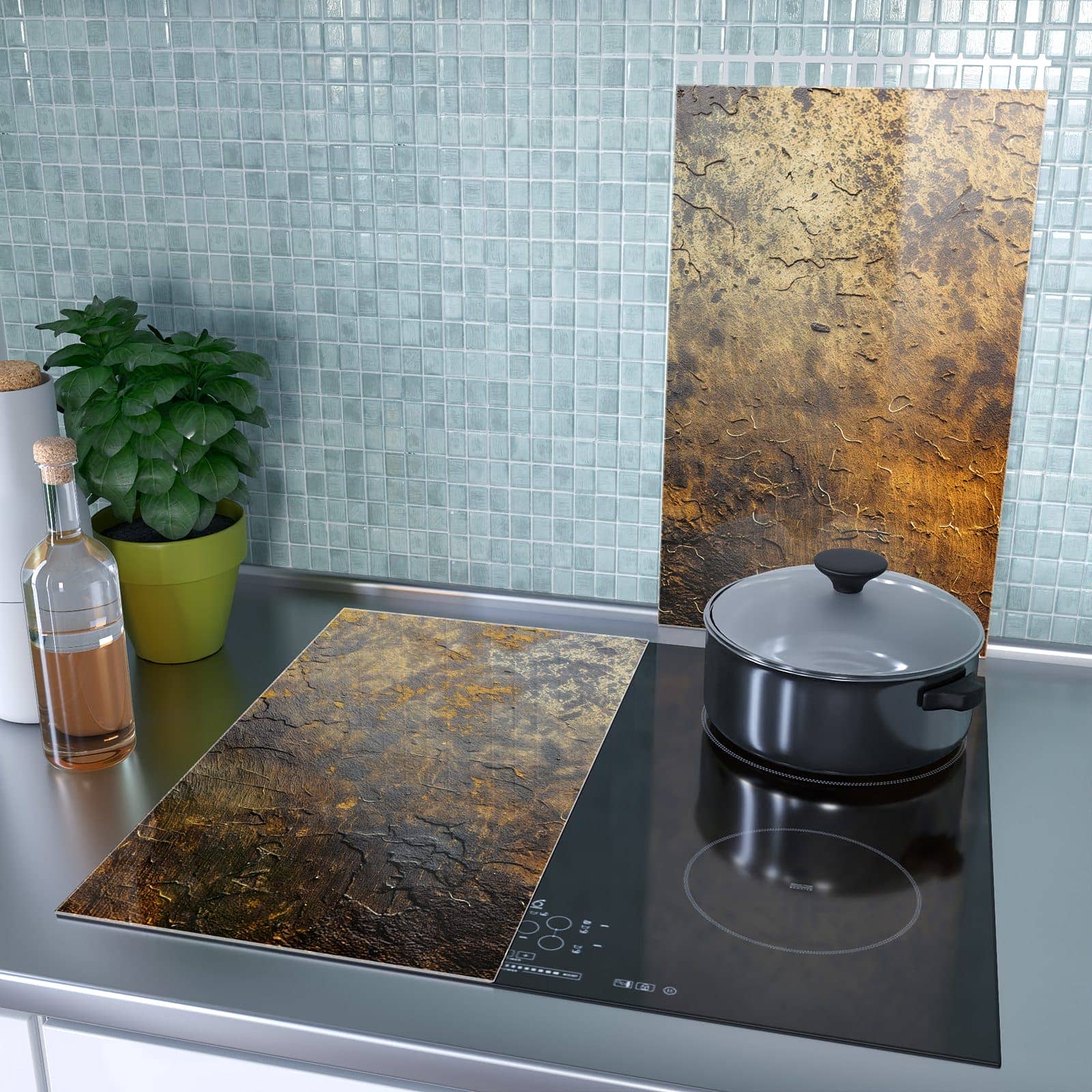2-teilige Herdabdeckplatten mit Golden Texture-Motiv als Spritzschutz hinter dem Kochfeld