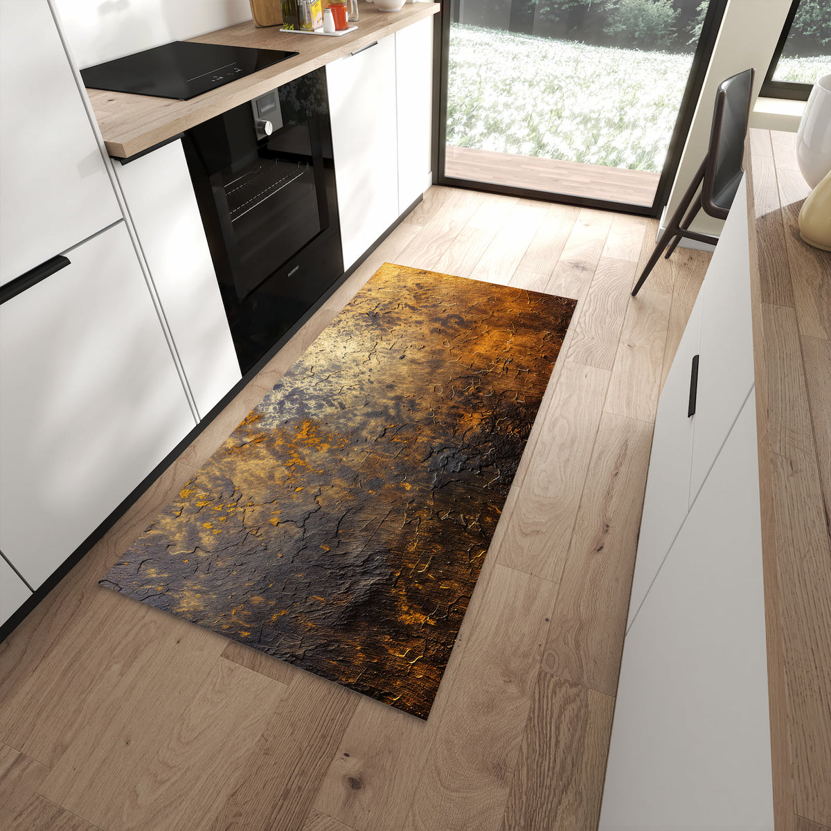 Hygienischer Küchenteppich mit Motiv Golden Texture in moderner Küche