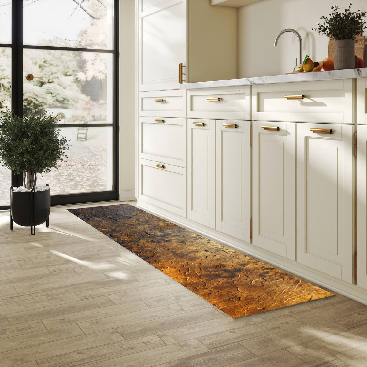 Rutschfester Teppich für Esstisch mit Motiv Golden Texture in heller Küche