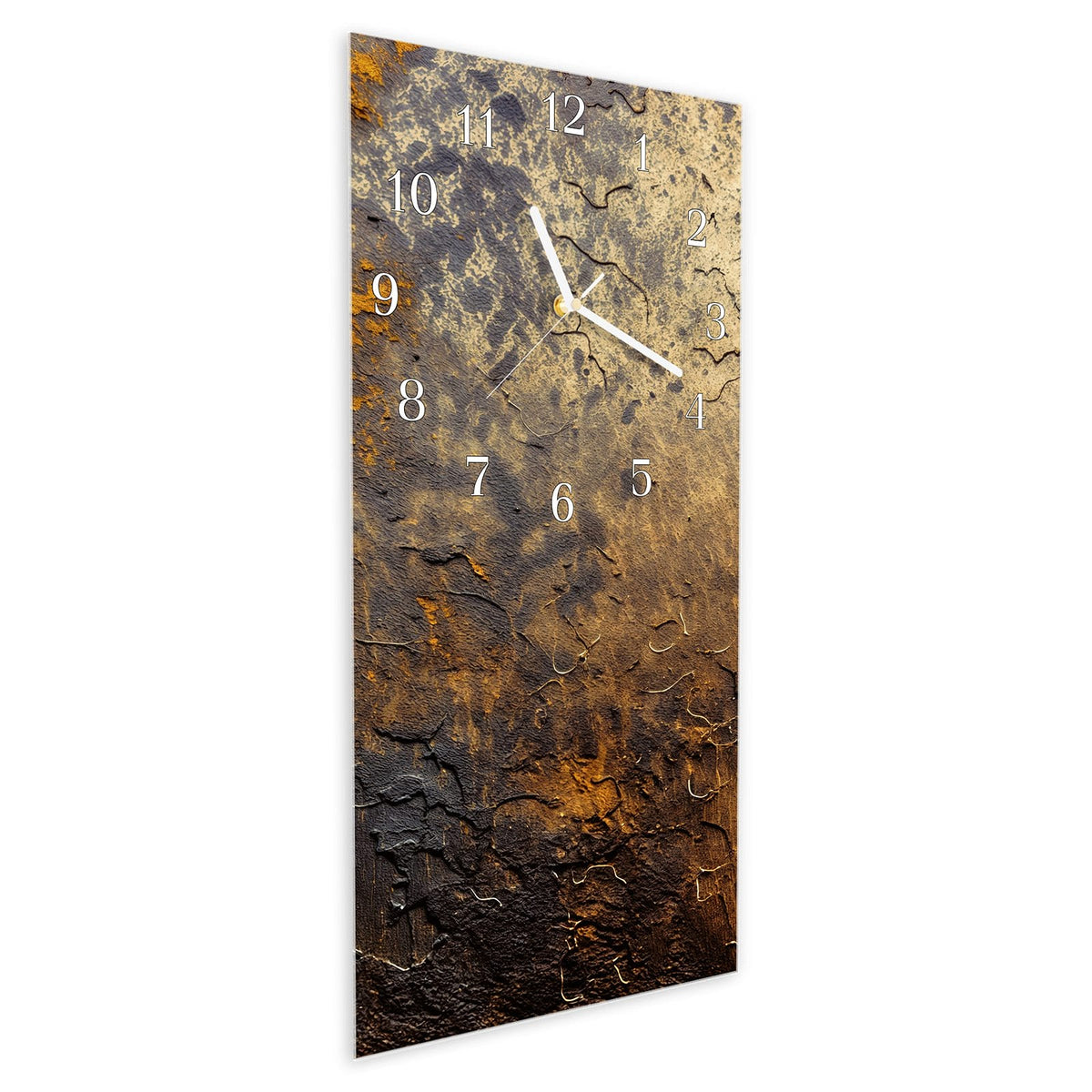 Vormontiert – mit Schwebeeffekt – Wanduhr Golden Texture aus Glas – Hochformat 30 × 60 cm