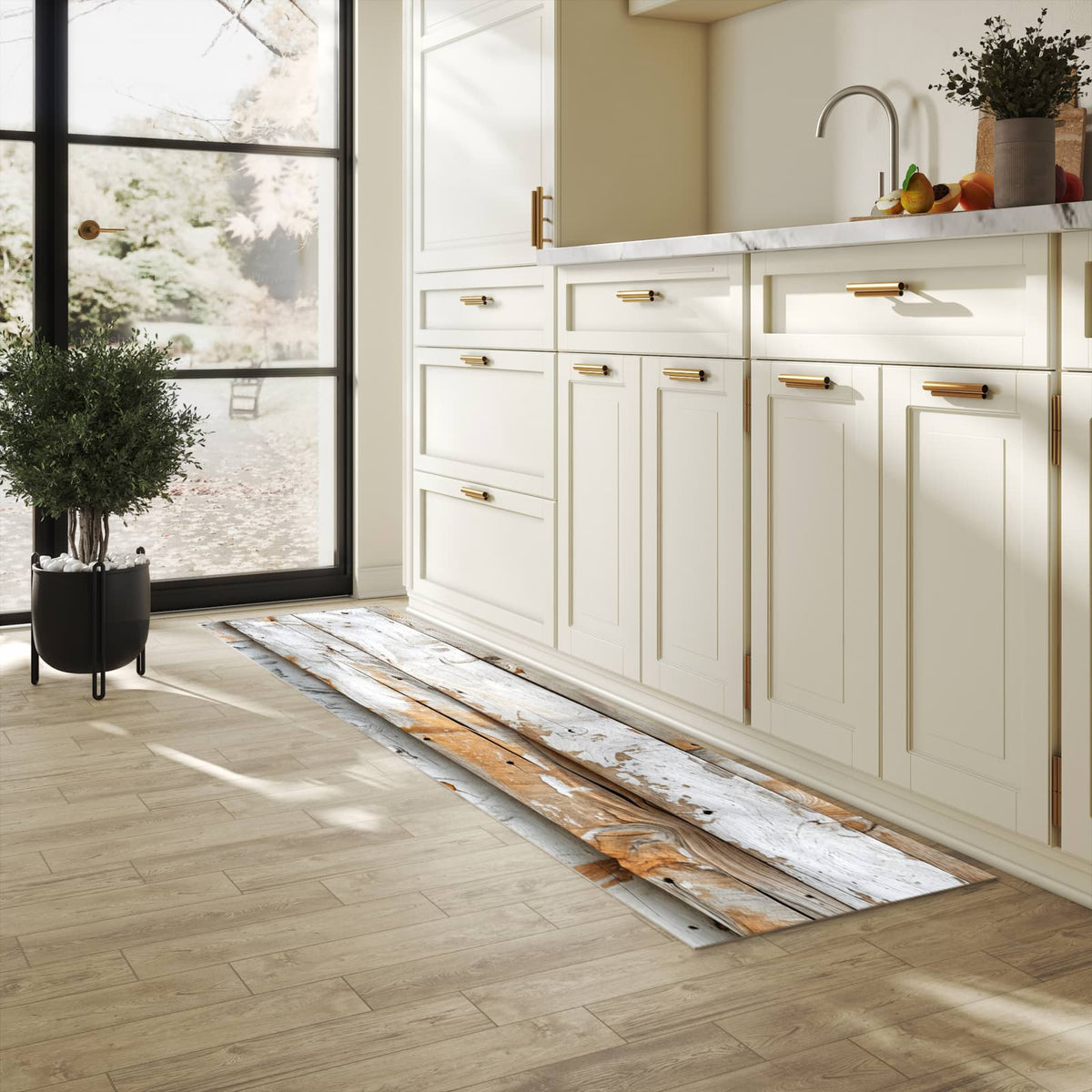 Zeitsparender waschbarer Küchenteppich mit Motiv Verwittertes Holz Brettpanel in heller Küche