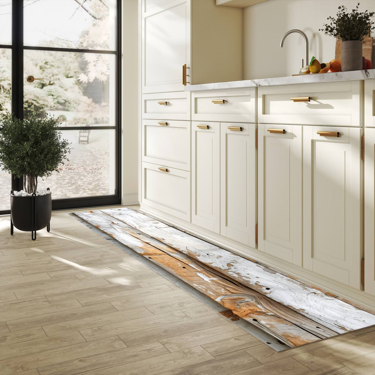 Geräuschdämpfender Küchenläufer mit Motiv Verwittertes Holz Brettpanel in heller Küche