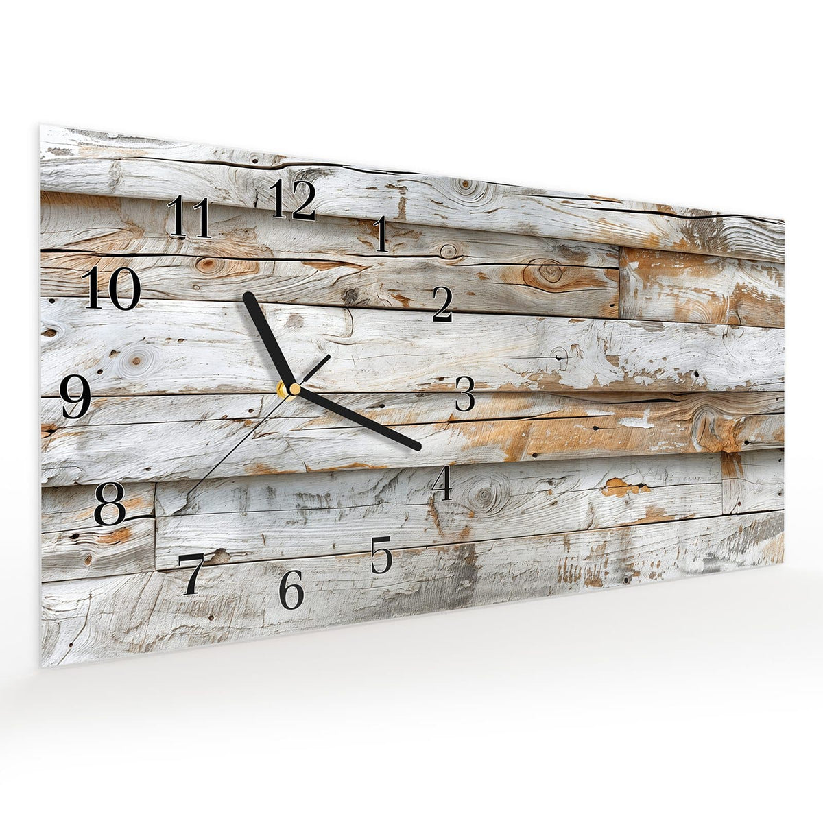 Vormontiert – mit Schwebeeffekt – Wanduhr Verwittertes Holz Brettpanel aus Glas – Querformat 60 × 30 cm