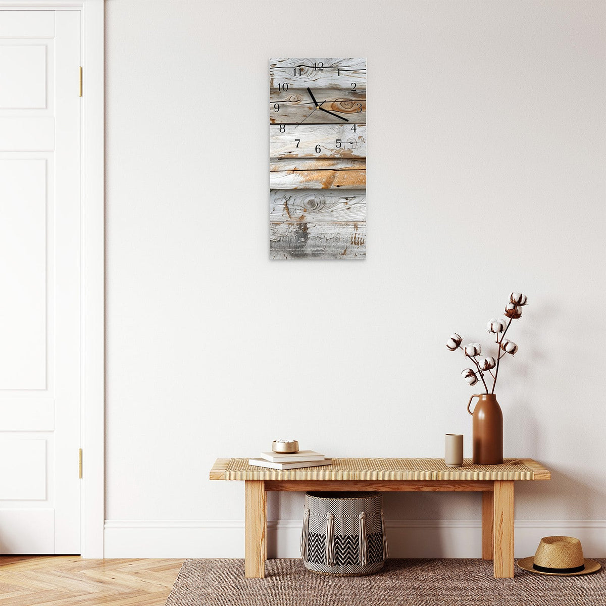 Moderne Wanduhr aus Glas mit Farbtiefe – Wanduhr Verwittertes Holz Brettpanel aus Glas – Hochformat 30 × 60 cm