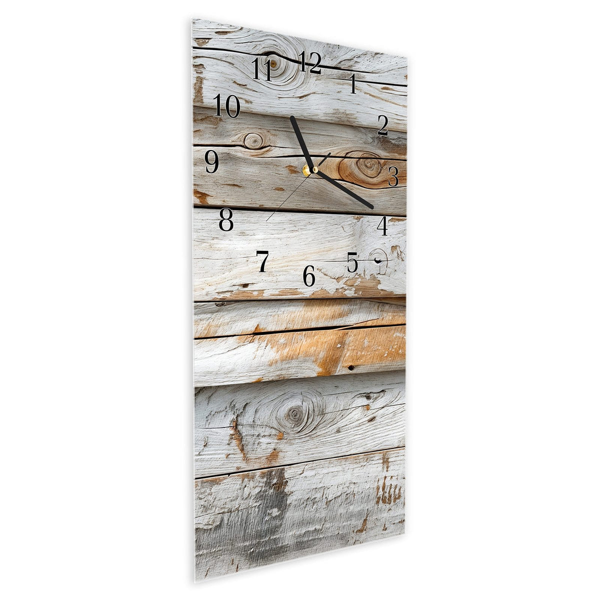 Vormontiert – mit Schwebeeffekt – Wanduhr Verwittertes Holz Brettpanel aus Glas – Hochformat 30 × 60 cm