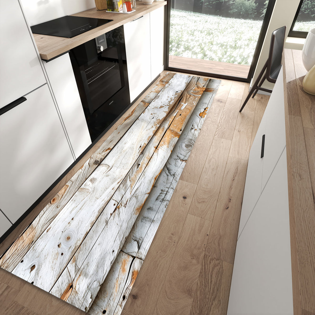 Abriebfester rutschfester Küchenläufer mit Motiv Verwittertes Holz Brettpanel in moderner Küche