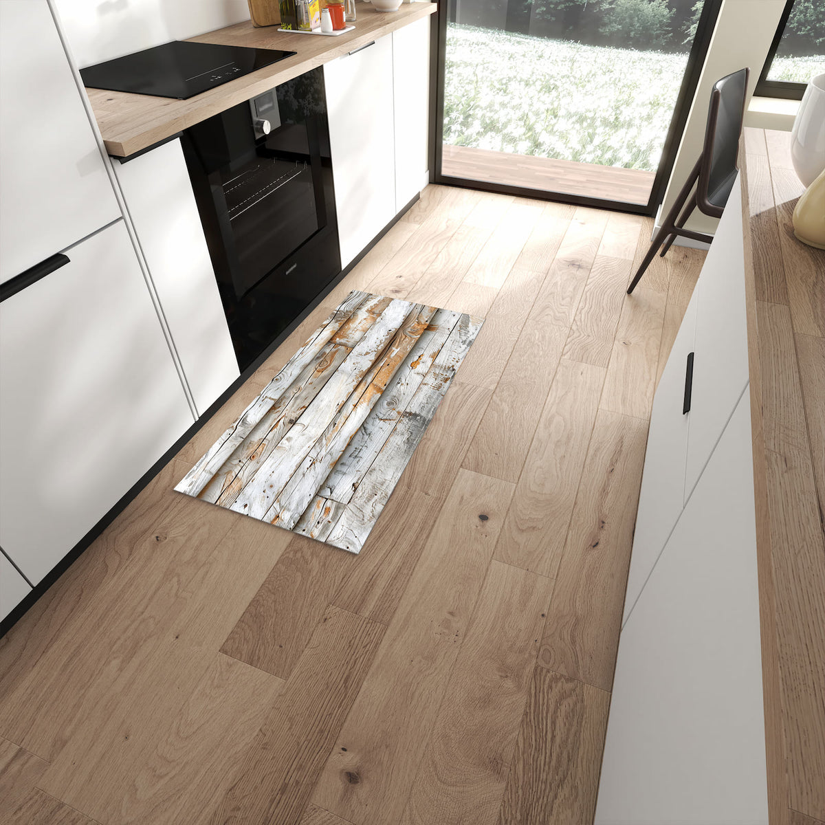 Rutschfester großer Küchenteppich mit Motiv Verwittertes Holz Brettpanel in moderner Küche #grösse_60 x 120 cm