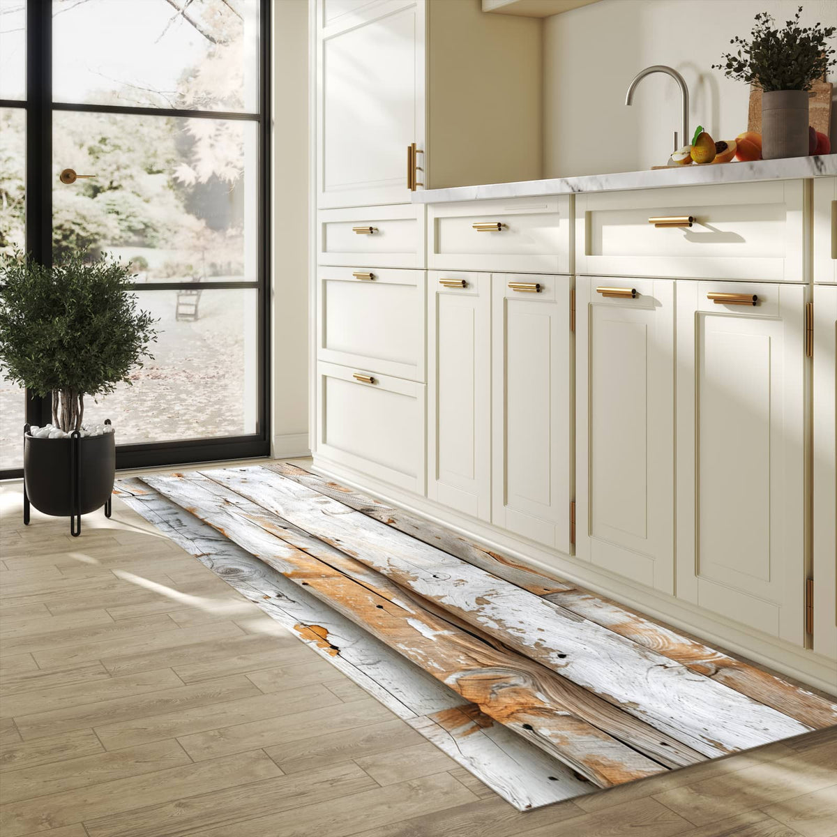 Fleckenresistenter langer Teppich mit Motiv Verwittertes Holz Brettpanel in heller Küche