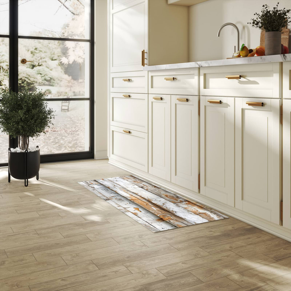 Farbbeständiger Küchenläufer mit Motiv Verwittertes Holz Brettpanel in heller Küche