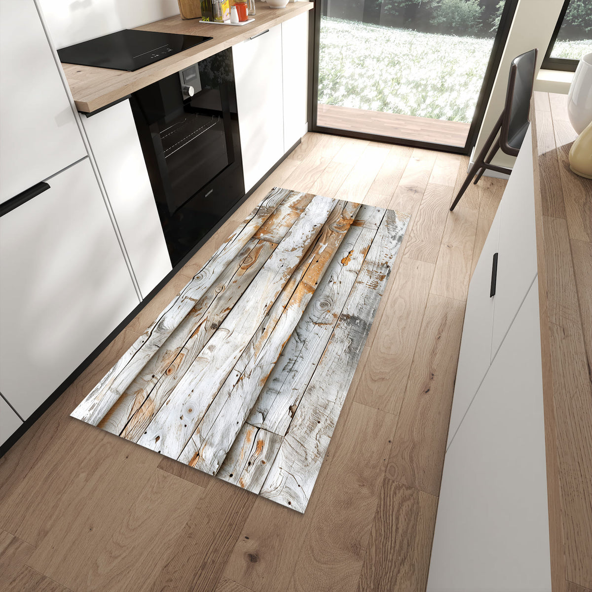 UV-beständiger Küchenläufer mit Motiv Verwittertes Holz Brettpanel in moderner Küche