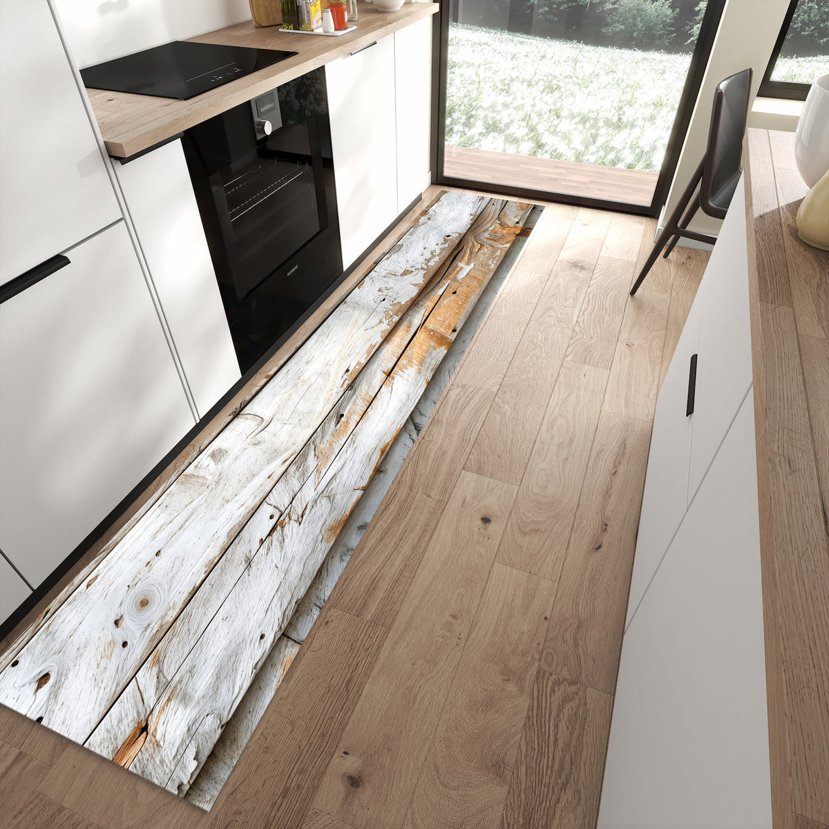 Farbbeständiger waschbarer Küchenläufer mit Motiv Verwittertes Holz Brettpanel in moderner Küche