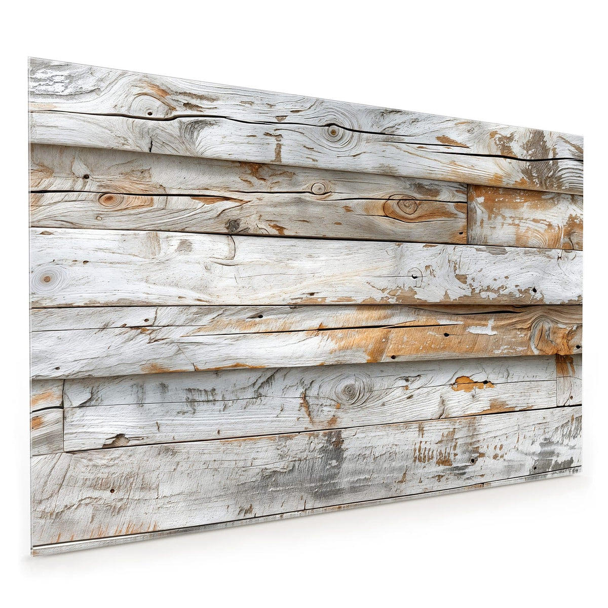 Küchenrückwand aus Glas im Hochformat mit Motiv Gekalktes Altholz: Waagerechte, weiß gekalkte Bretter mit durchscheinendem Holz und Astlöchern