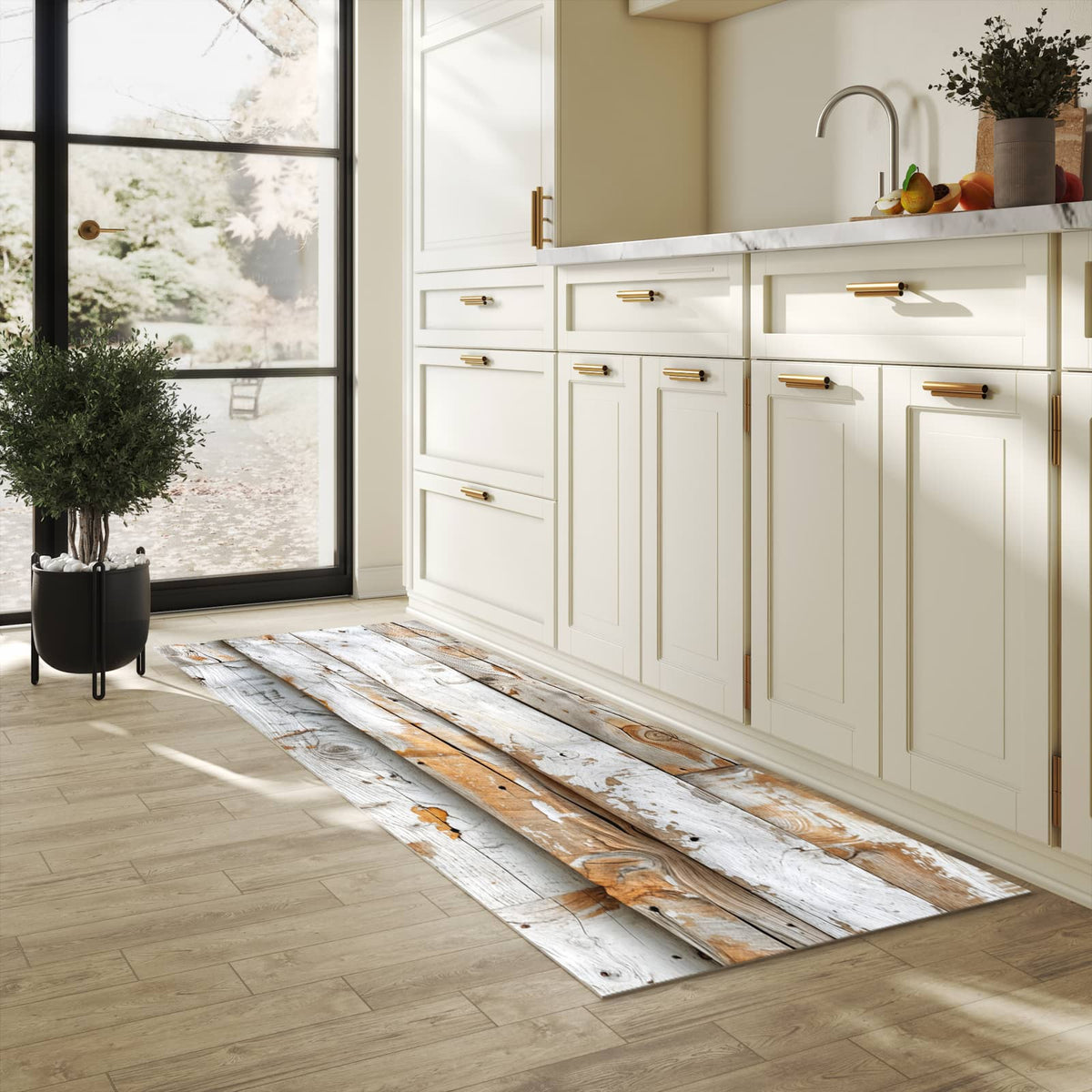 Waschbarer Küchenläufer mit Motiv Verwittertes Holz Brettpanel für Trittkomfort in heller Küche