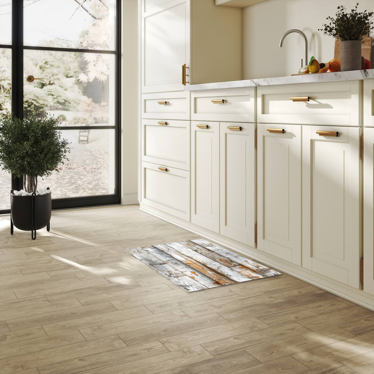 Abriebfester Küchenläufer mit Motiv Verwittertes Holz Brettpanel in heller Küche