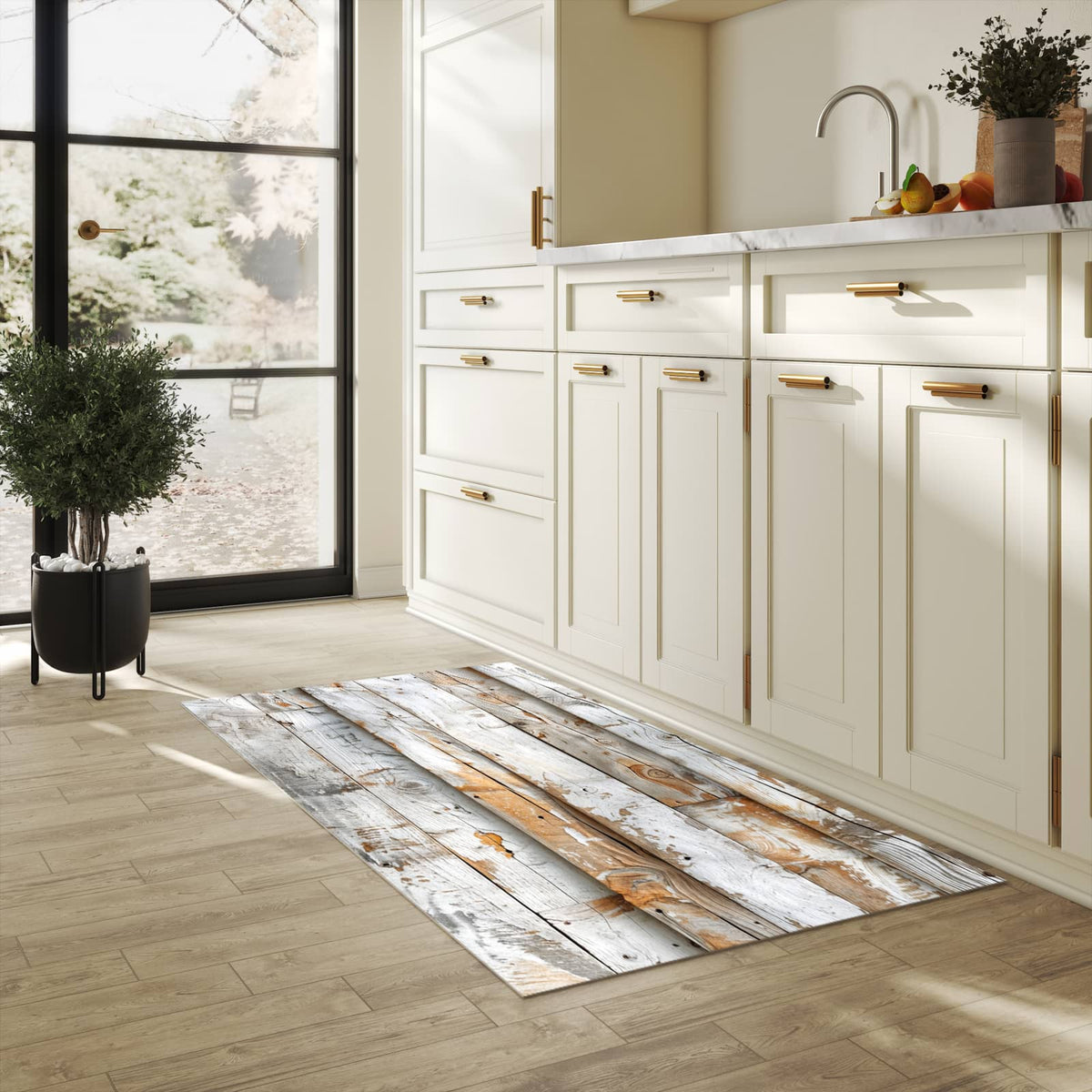 Schmutzabweisender Läufer mit Motiv Verwittertes Holz Brettpanel für Eingangsbereich in heller Küche