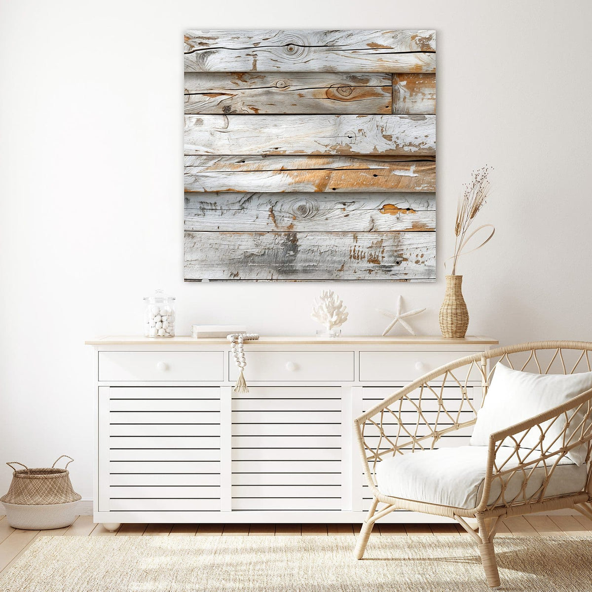 Echtglas, 4 mm – kein Acryl, keine Folie – Wandbild - Gekalktes Altholz - Quadratisch