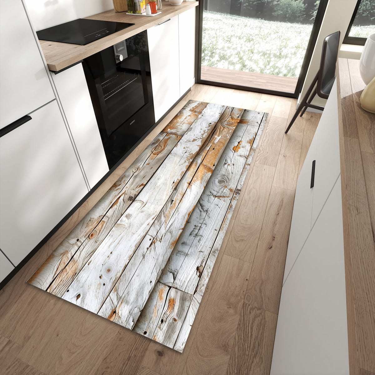 Komfortabler Küchenläufer nach Maß mit Motiv Verwittertes Holz Brettpanel in moderner Küche