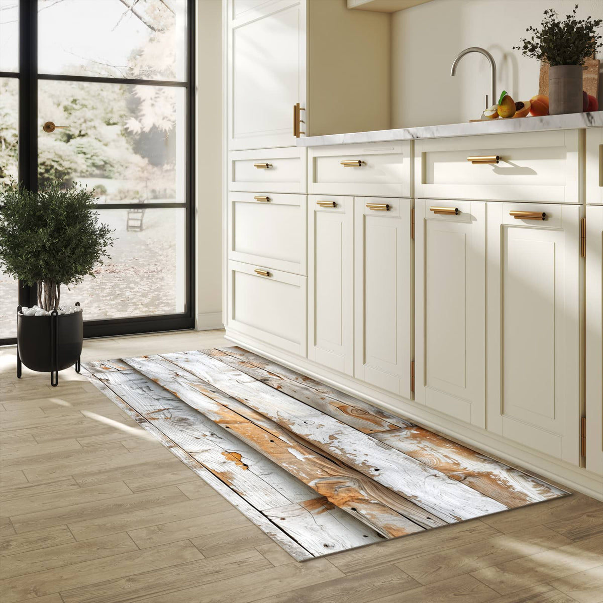 Geruchsneutraler rutschfester Läufer mit Motiv Verwittertes Holz Brettpanel in heller Küche