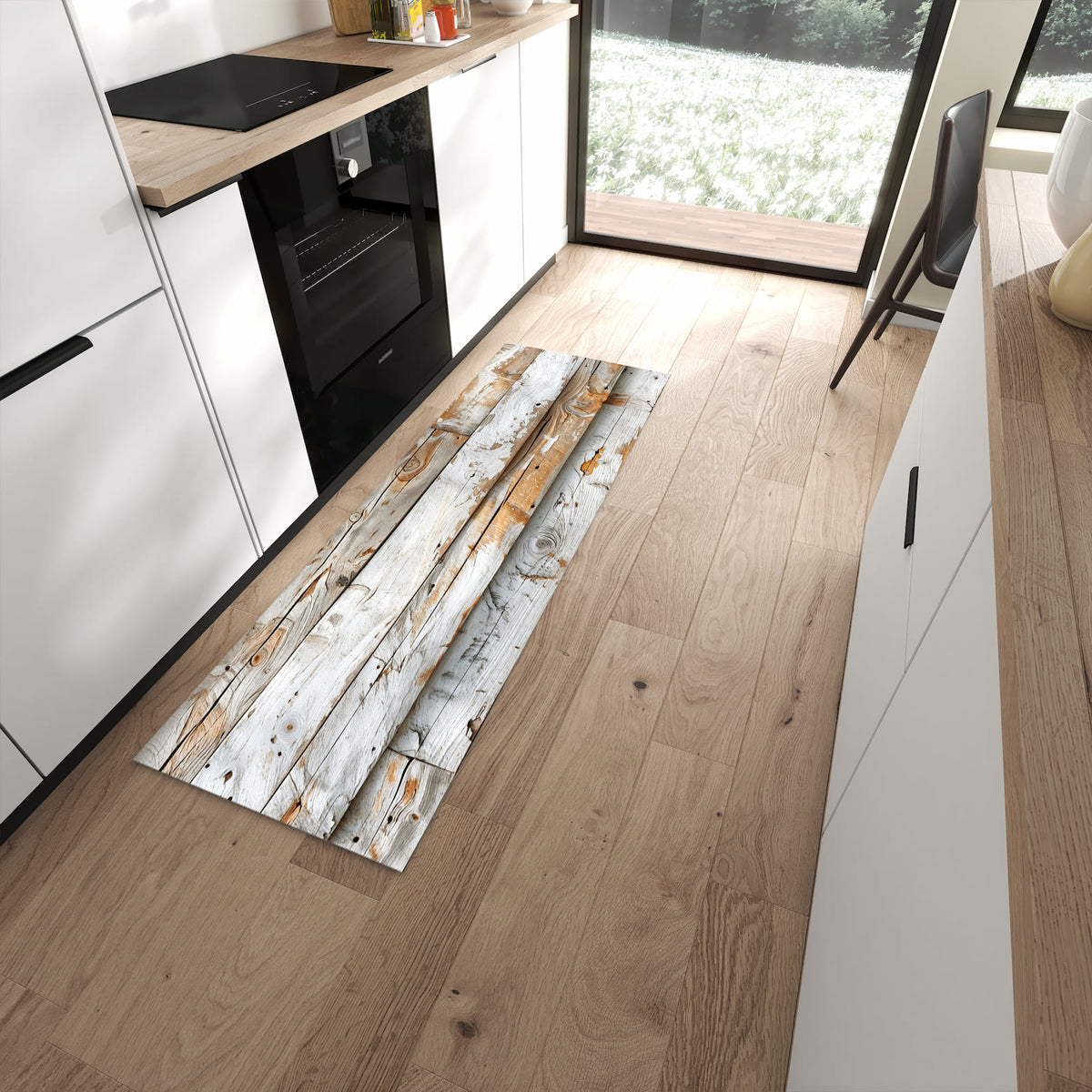 Bodenschonender Küchenteppich mit Motiv Verwittertes Holz Brettpanel in moderner Küche