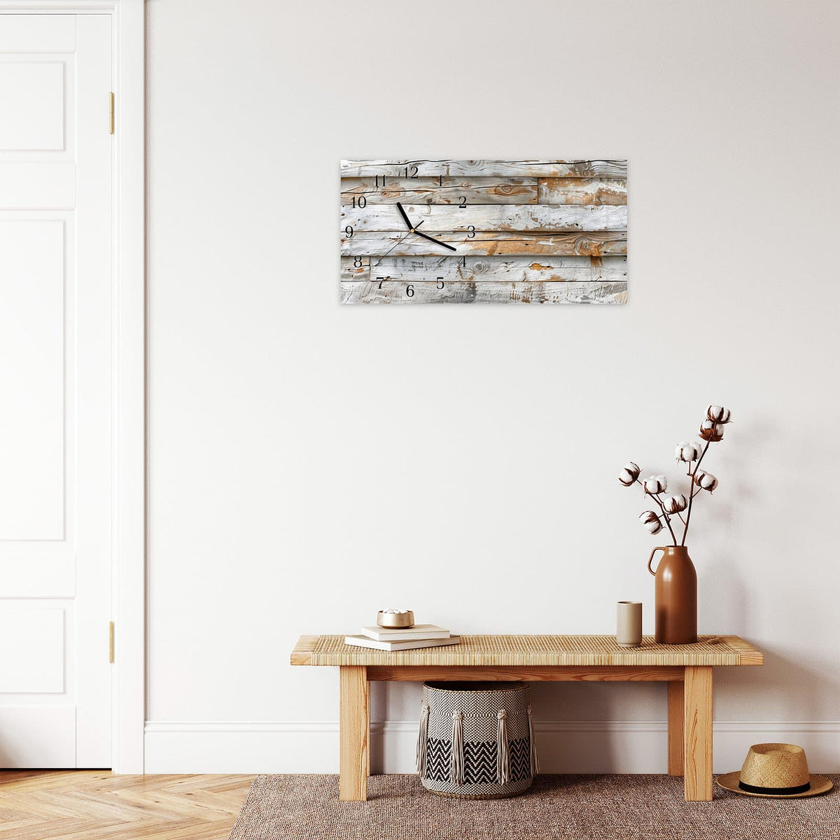 Moderne Wanduhr aus Glas mit Farbtiefe – Wanduhr Verwittertes Holz Brettpanel aus Glas – Querformat 60 × 30 cm