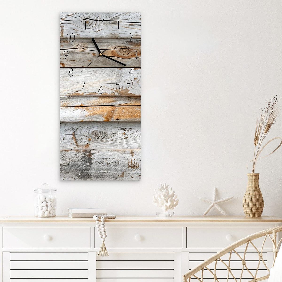 Wanduhr Verwittertes Holz Brettpanel aus Glas – Hochformat 30 × 60 cm – Weiß bemaltes, verwittertes Holz