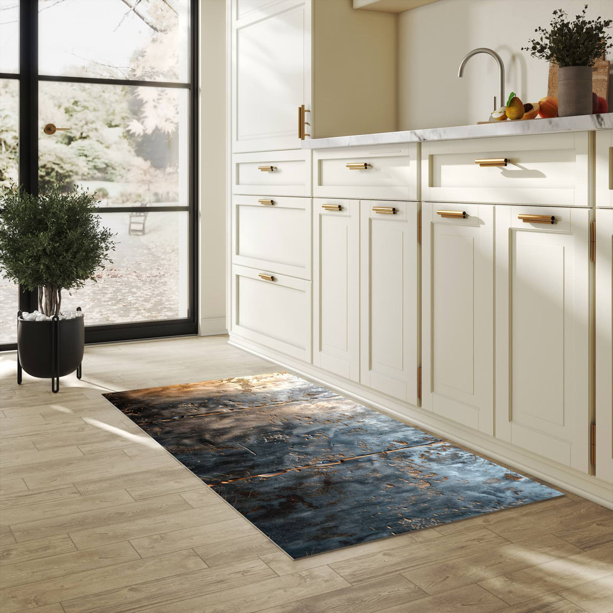 Bodenschonender Küchenteppich mit Motiv Metalltextur in heller Küche
