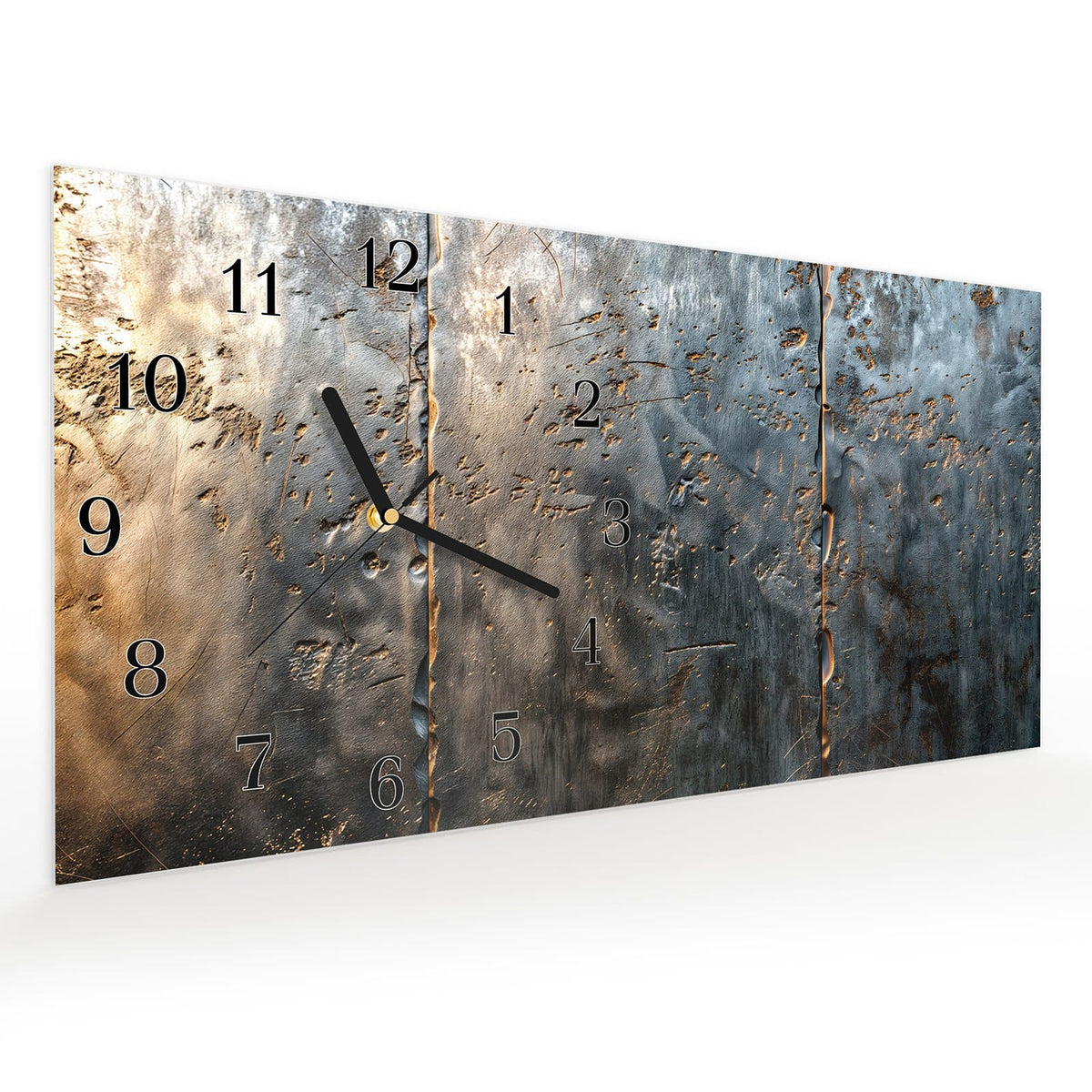Vormontiert – mit Schwebeeffekt – Wanduhr Metalltextur aus Glas – Querformat 60 × 30 cm
