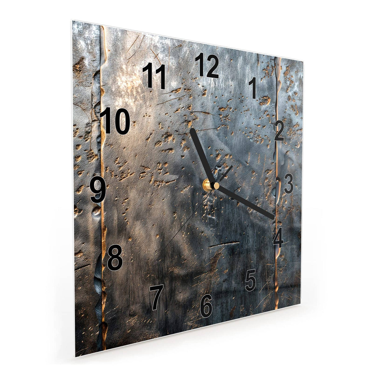 Quadratische Wanduhr aus Glas Rostige Stahlplatten schräg von der Seite, 4 mm starkes Glas