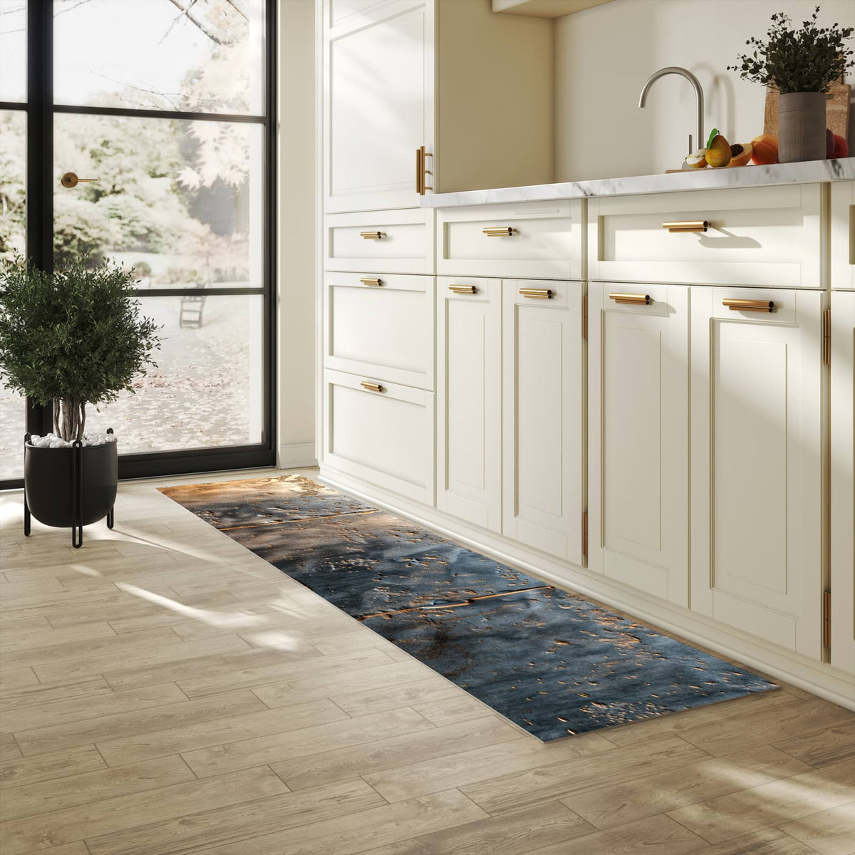 Komfortabler Küchenläufer mit Motiv Metalltextur in heller Küche