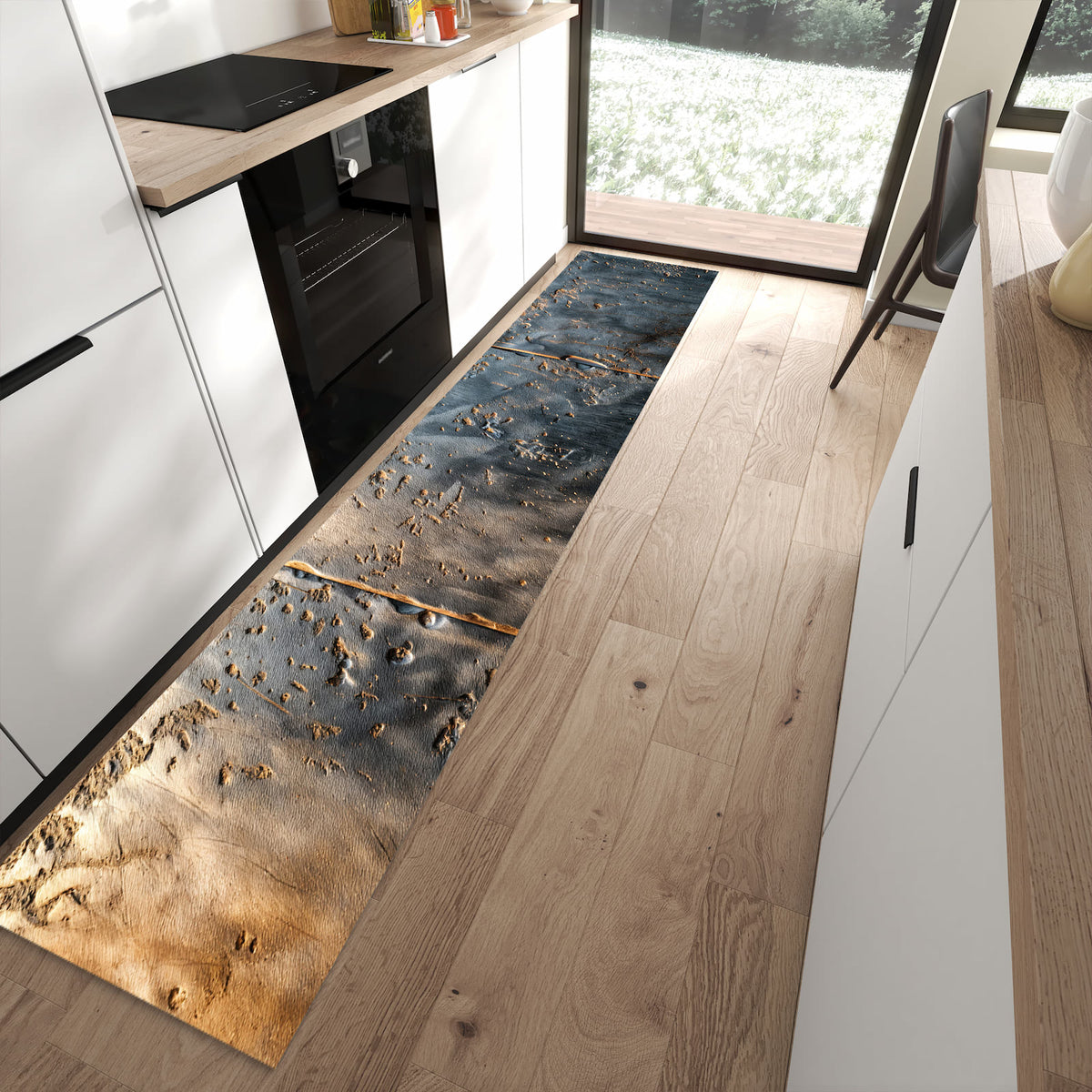 Flacher Küchenläufer mit Motiv Metalltextur in moderner Küche