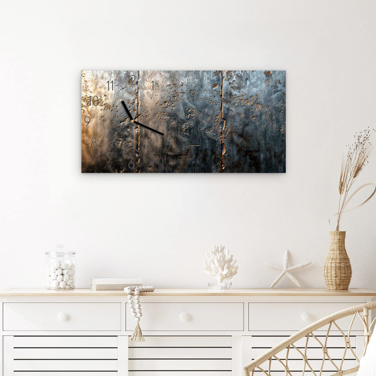 Wanduhr Metalltextur aus Glas – Querformat 60 × 30 cm – Rostiges Metall mit Kratzern