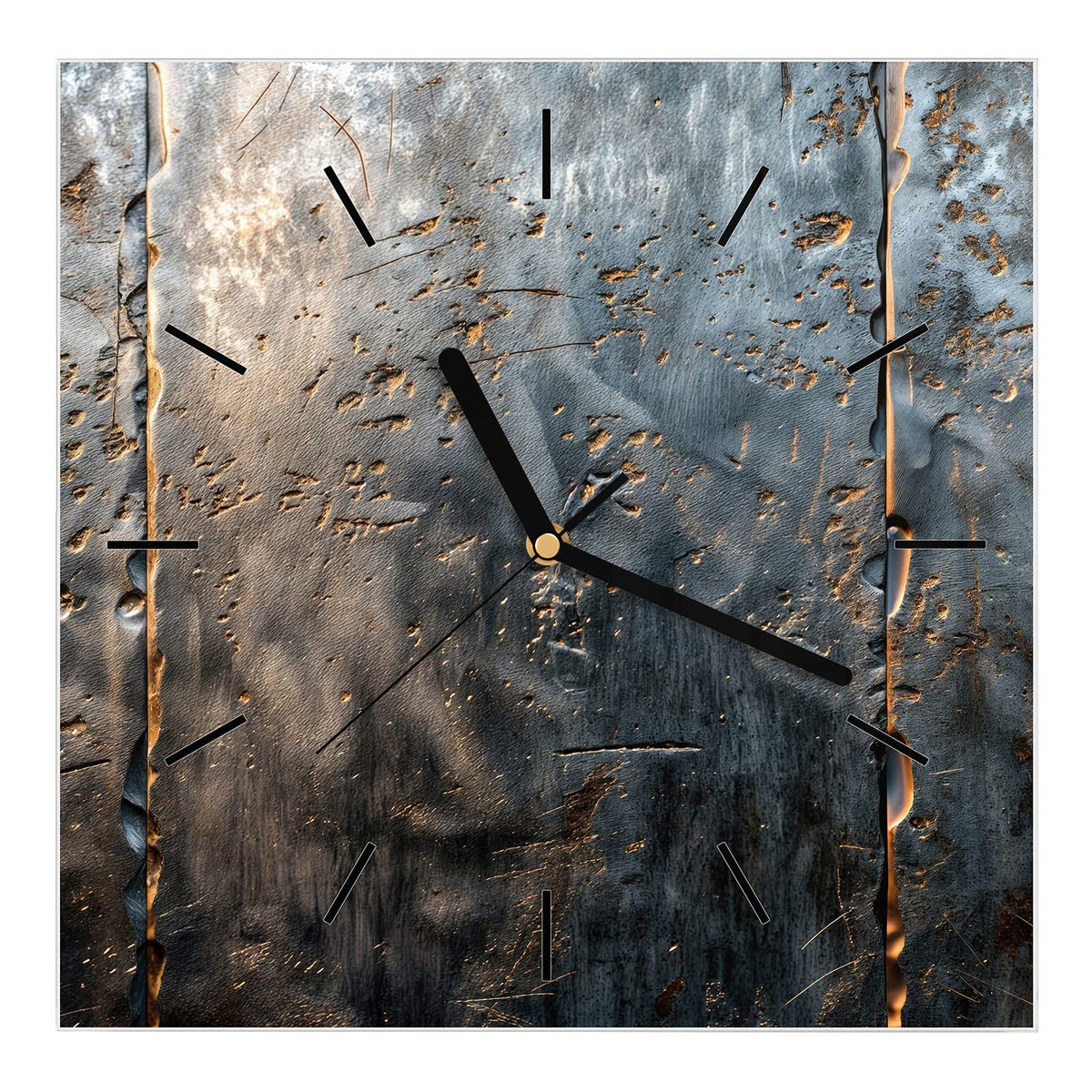 Wanduhr aus Glas, Ziffernblatt Linie mit Motiv Rostige Stahlplatten: Dunkle, rostfleckige Stahlplatten mit zwei senkrechten Nähten und hellen Kanten