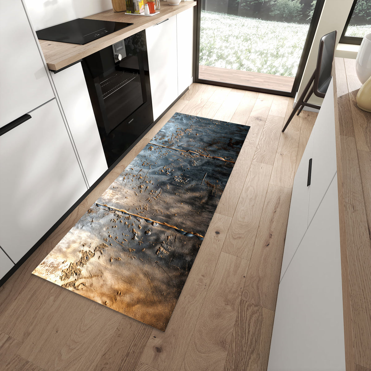 Waschbarer Küchenteppich mit Motiv Metalltextur in moderner Küche