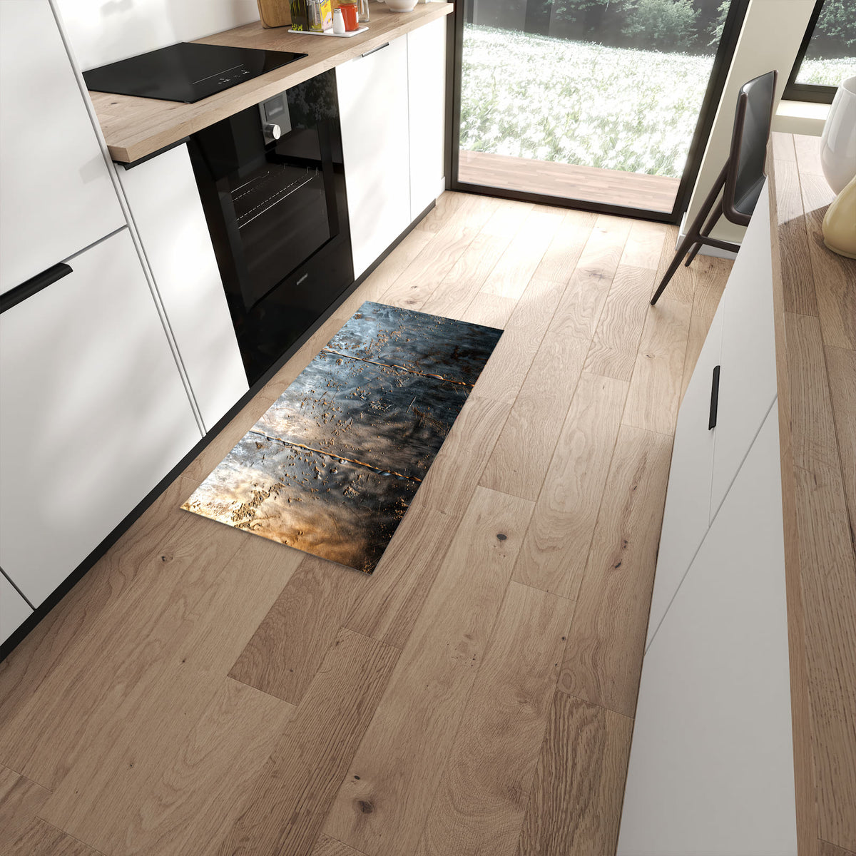 Wasserabweisender Teppich für die Küche mit Motiv Metalltextur in moderner Küche #grösse_60 x 120 cm