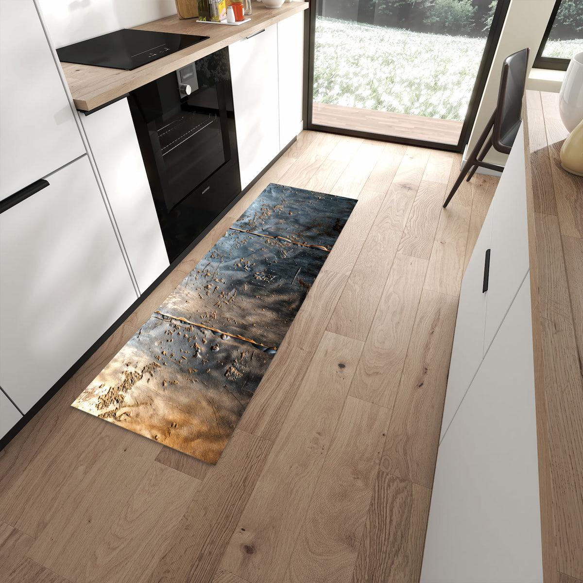 Schmutzabweisender Küchenteppich mit Motiv Metalltextur in moderner Küche