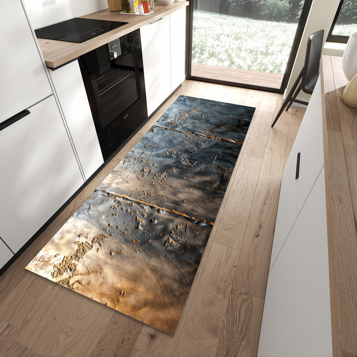 Langlebiger waschbarer Küchenteppich mit Motiv Metalltextur in moderner Küche