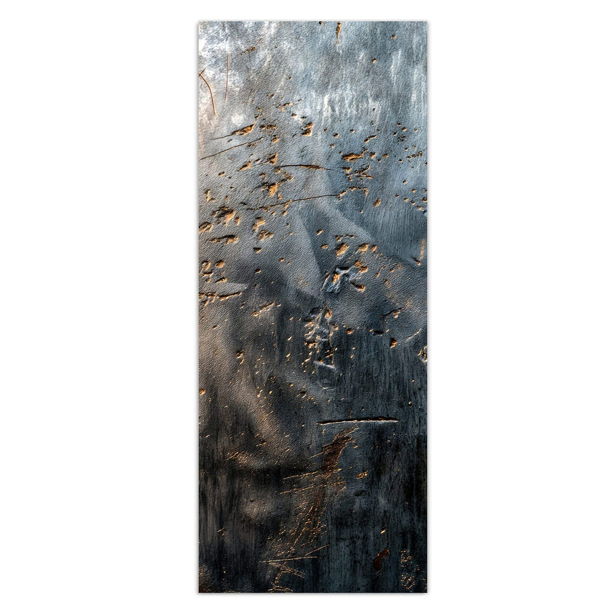 Dunkle, rostfleckige Stahlplatten mit zwei senkrechten Nähten und hellen Kanten