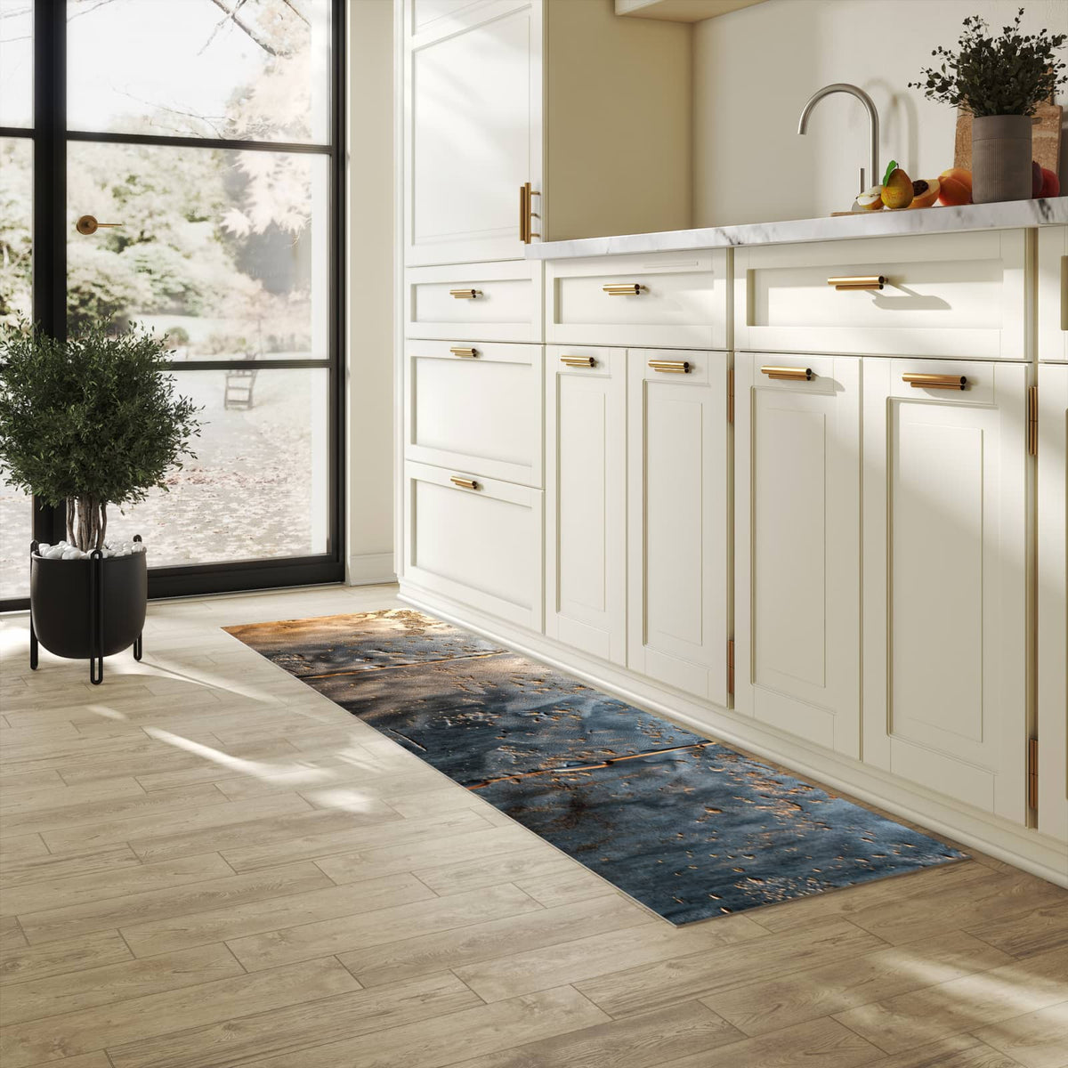 Abwaschbarer Küchenteppich mit Motiv Metalltextur in heller Küche