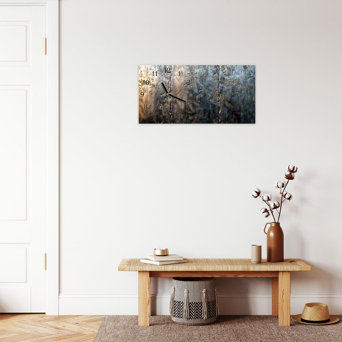 Moderne Wanduhr aus Glas mit Farbtiefe – Wanduhr Metalltextur aus Glas – Querformat 60 × 30 cm