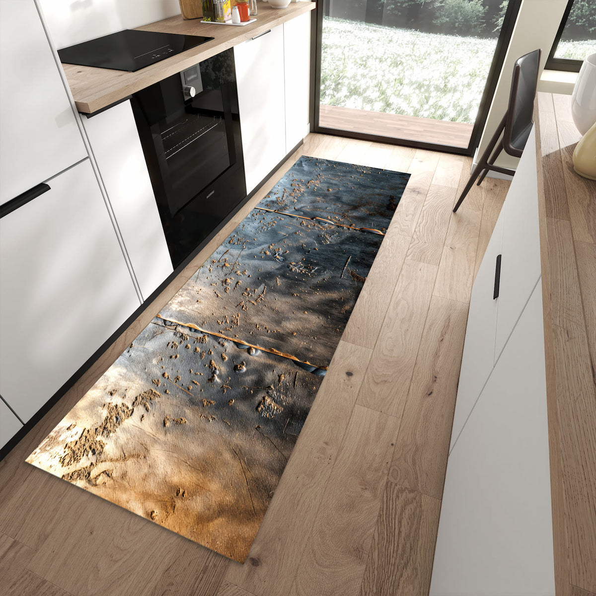 Komfortabler Küchenteppich mit Motiv Metalltextur in moderner Küche