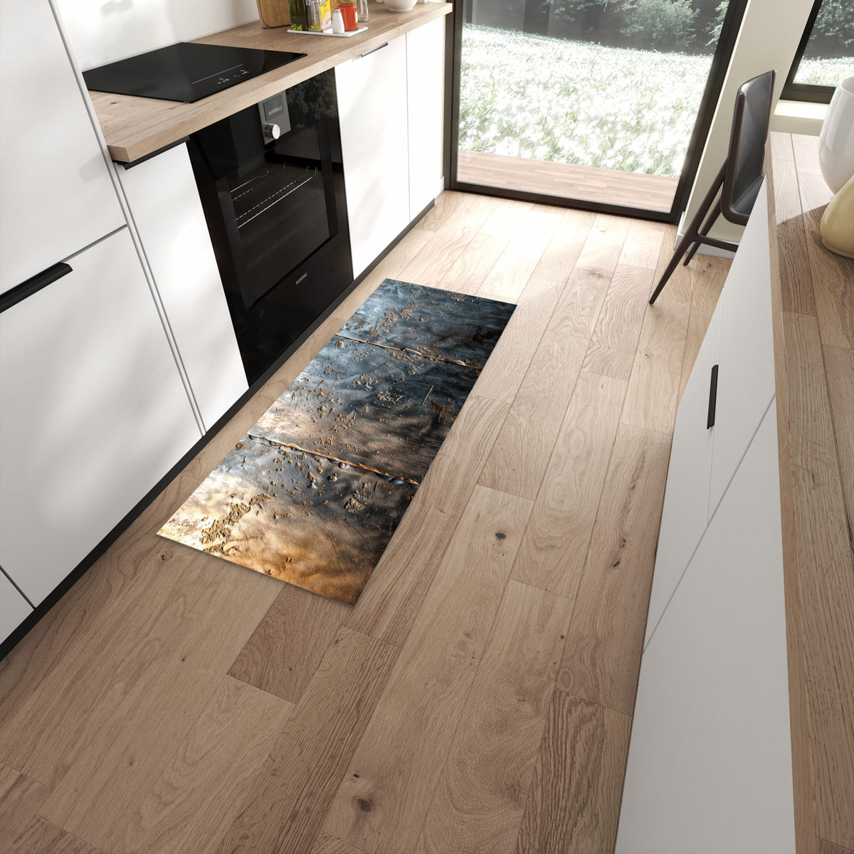 Fleckenresistenter Küchenteppich mit Motiv Metalltextur in moderner Küche #grösse_60 x 150 cm