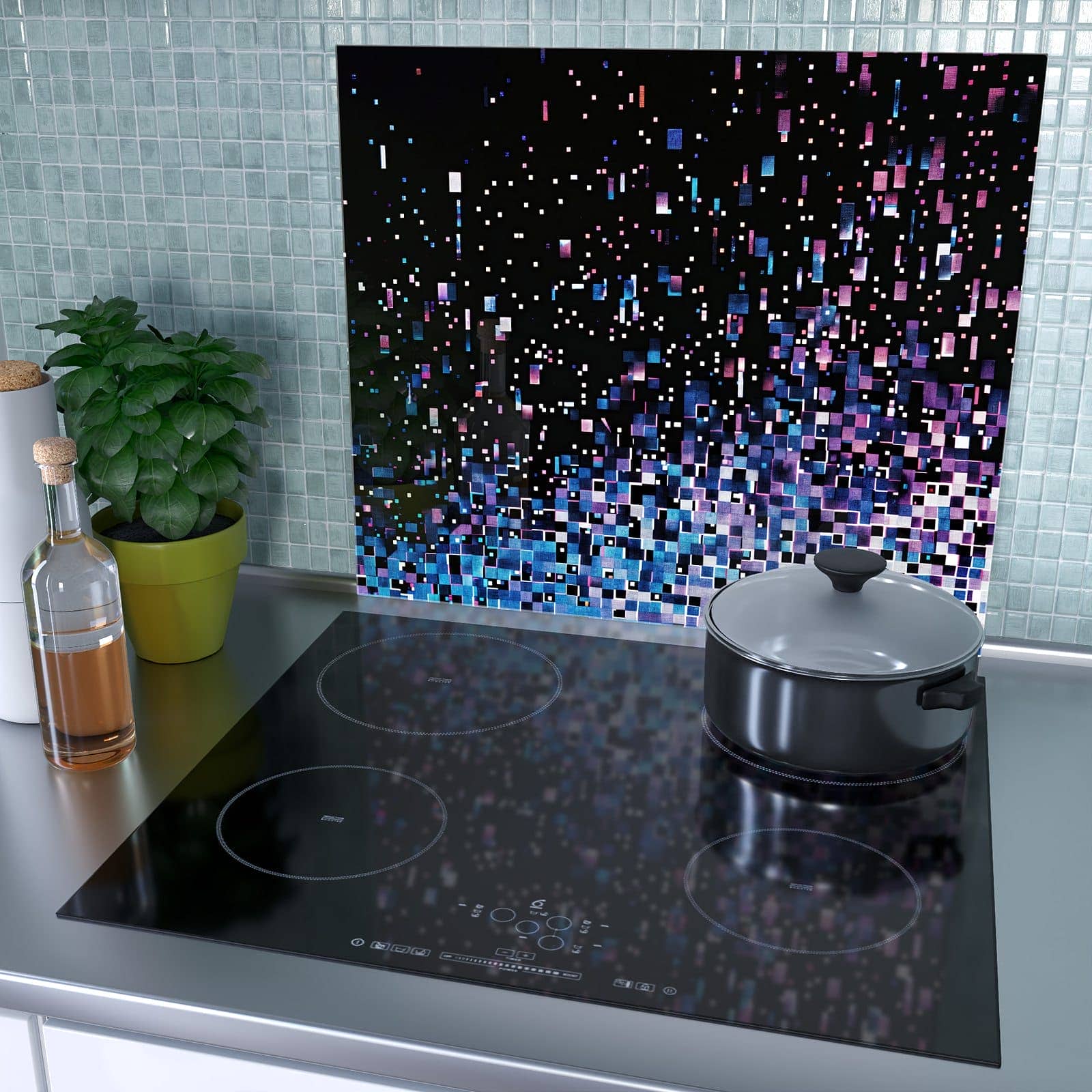 1-teilige Herdabdeckplatte mit Pixelmuster-Motiv als Spritzschutz hinter dem Kochfeld