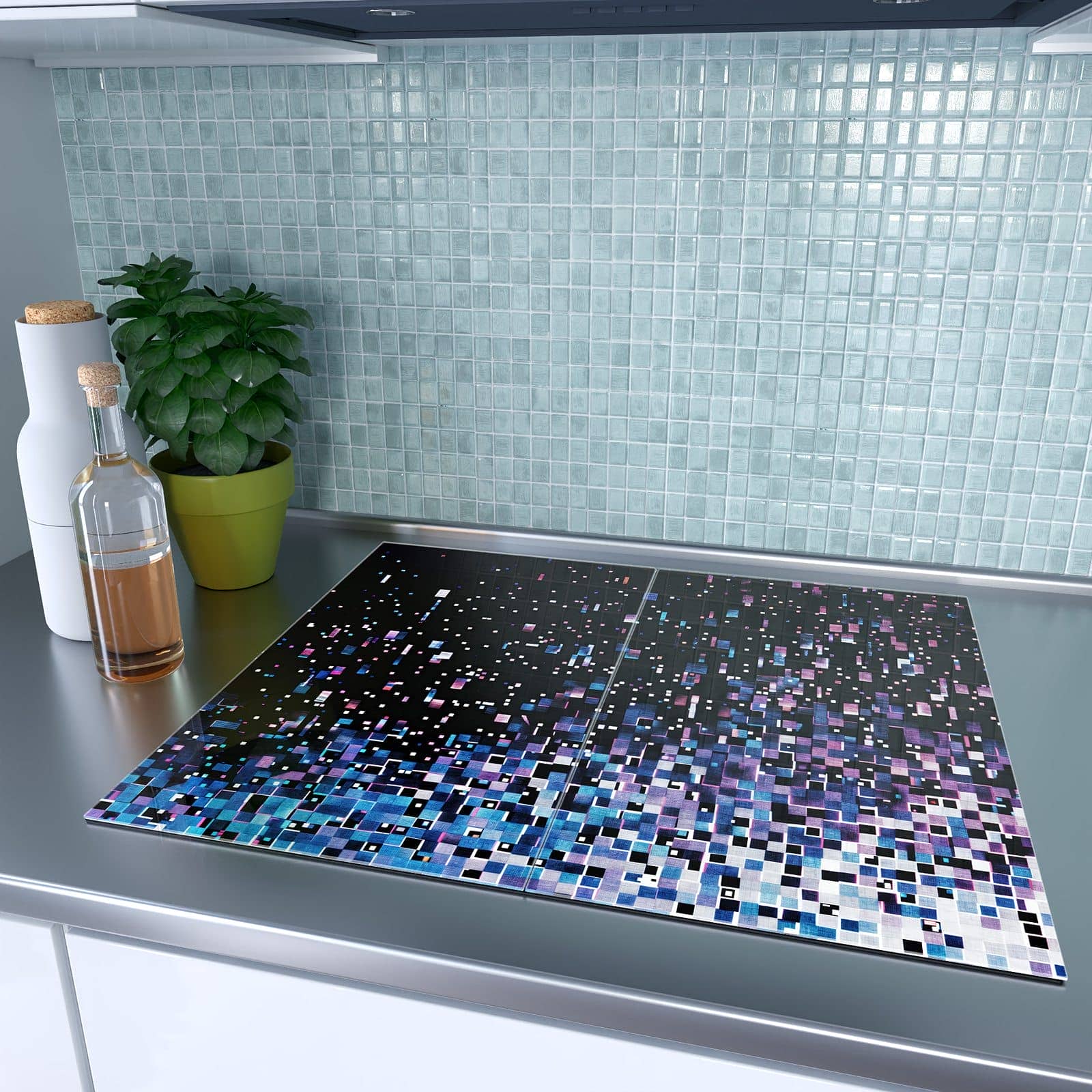2-teilige Abdeckplatten für Ceranfeld mit Pixelmuster-Motiv auf dem Ceranfeld